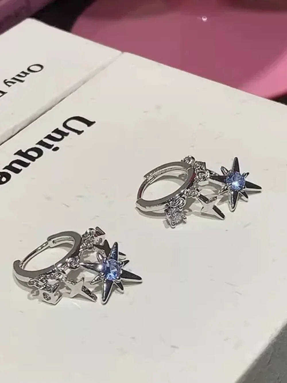 MOS COLLECTION Silver Celestial Star Drop Huggie Earrings Blue CZ Star Earrings